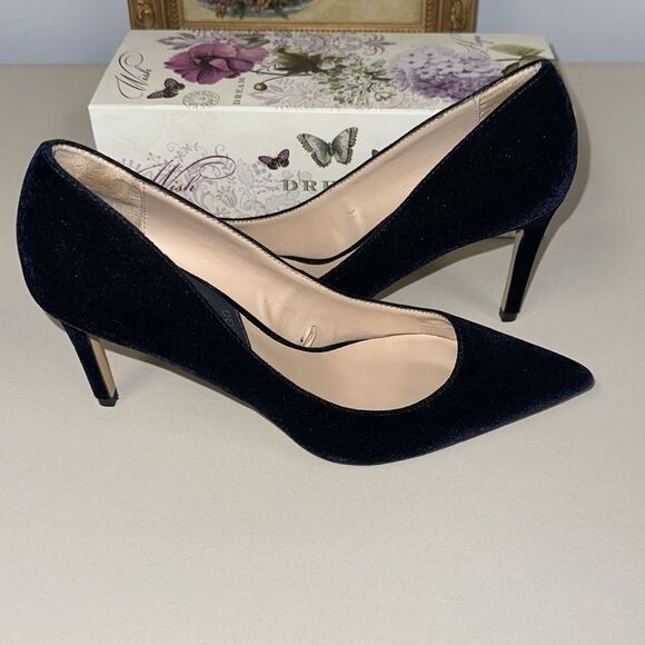 Mango 8-8.5 Midnight Navy Blue Velvet Pumps Stilettos Pointy Toe Heels - Picture 4 of 12